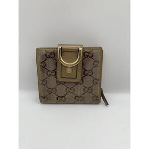 GUCCI Brown Gold Coated Canvas Leather Bifold D Ring Wallet Coin Purse